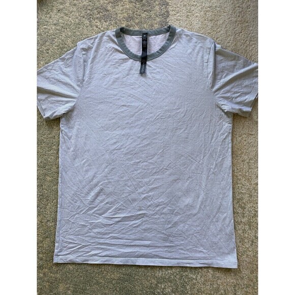 Mens Lululemon T-Shirt Tee Size Medium White & Blue Stripes - Picture 1 of 6